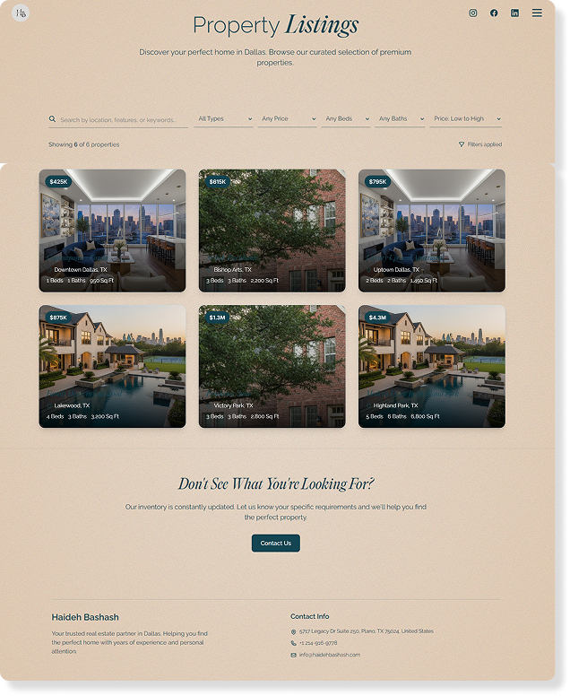 Property listings filterable grid